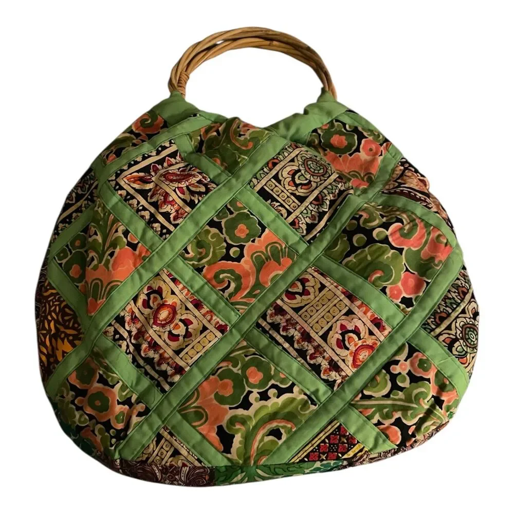 Vintage Handmade quilted patchwork hobo bag rattan handle water resistant lining